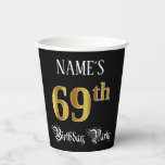 [ Thumbnail: 69th Birthday Party — Fancy Script, Faux Gold Look Paper Cups ]