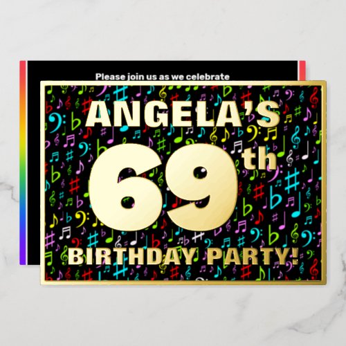 69th Birthday Party  Fun Colorful Music Symbols Foil Invitation