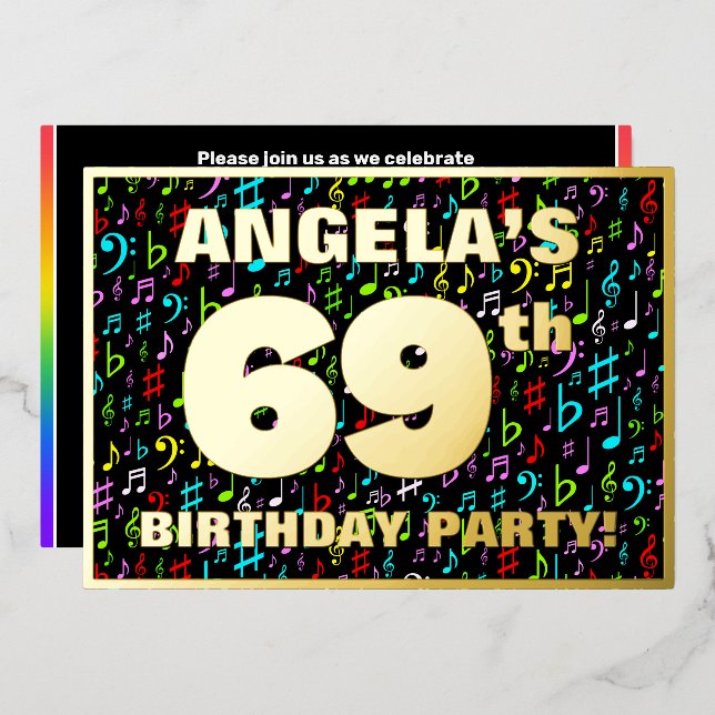 69th Birthday Party — Fun, Colorful Music Symbols Foil Invitation (Front/Back)