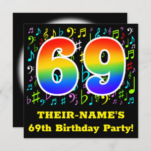 69th Birthday Party: Fun Music Symbols, Rainbow 69 Invitation