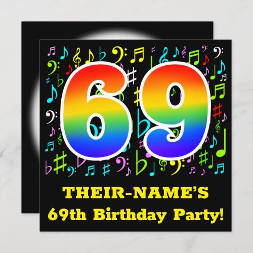 69th Birthday Party Fun Music Symbols Rainbow 69 Invitation