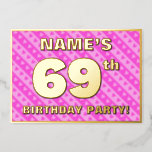 [ Thumbnail: 69th Birthday Party — Fun Pink Hearts and Stripes Invitation ]