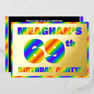 69th Birthday Party — Fun, Rainbow Spectrum “69” Foil Invitation