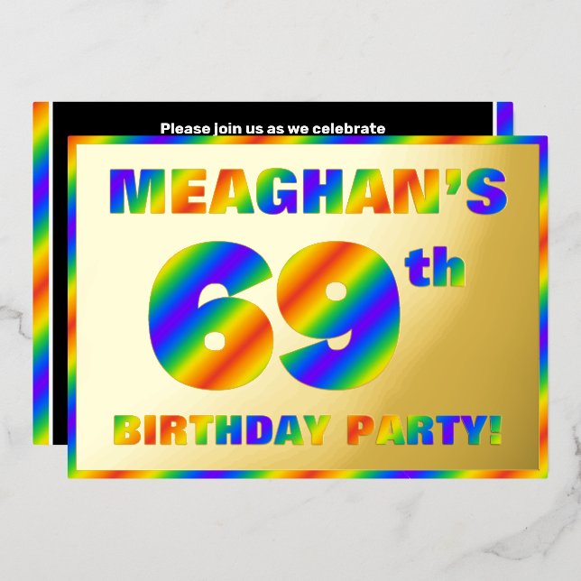 69th Birthday Party — Fun, Rainbow Spectrum “69” Foil Invitation (Front/Back)