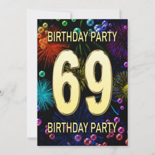 69th Birthday Party Invitation Fireworks Bubbles