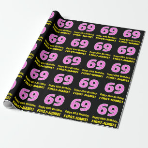 69th Birthday: Pink Stripes and Hearts "69" + Name Wrapping Paper