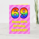 [ Thumbnail: 69th Birthday: Pink Stripes & Hearts, Rainbow # 69 Card ]