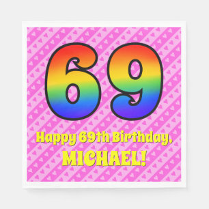 69th Birthday: Pink Stripes & Hearts, Rainbow # 69 Napkins