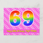 [ Thumbnail: 69th Birthday: Pink Stripes & Hearts, Rainbow 69 Postcard ]