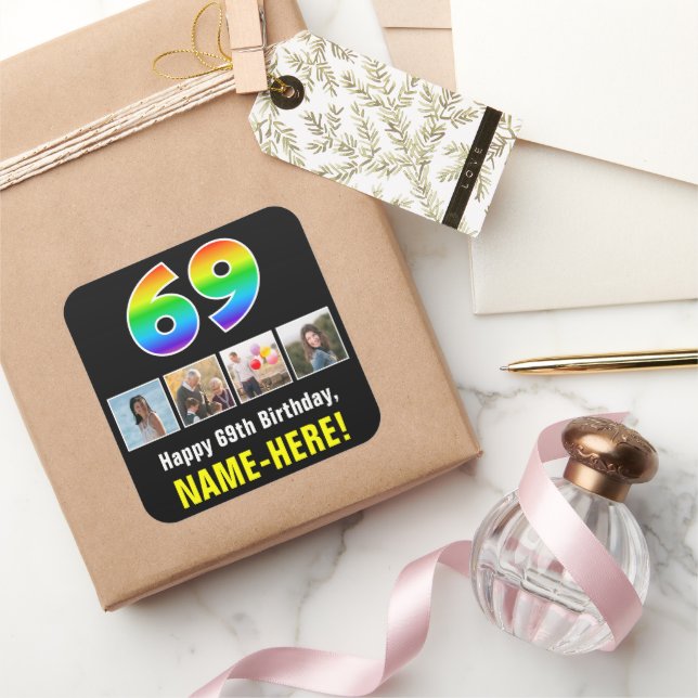 69th Birthday: Rainbow “69”; Custom Photos & Name Square Sticker (Gifting)