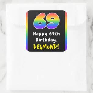 69th Birthday: Rainbow Spectrum # 69, Custom Name Square Sticker