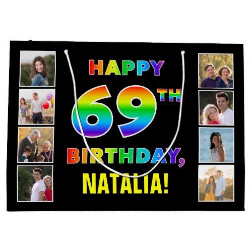 69th Birthday Rainbow Text Custom Photos  Name Large Gift Bag