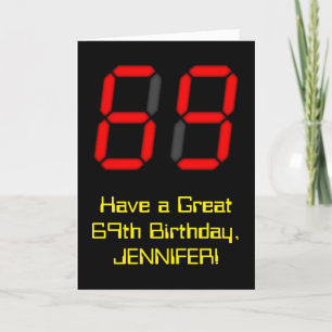 69th Birthday: Red Digital Clock Style "69" + Name Card