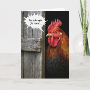 69th Birthday Rooster Peeking Around Barn Door Card