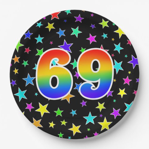 69th Event Bold Fun Colorful Rainbow 69 Paper Plates