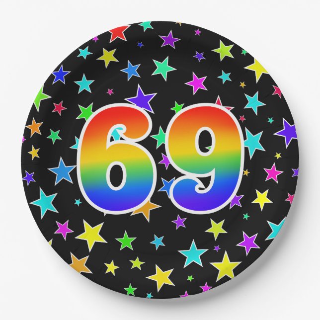 69th Event: Bold, Fun, Colorful Rainbow 69 Paper Plates (Front)
