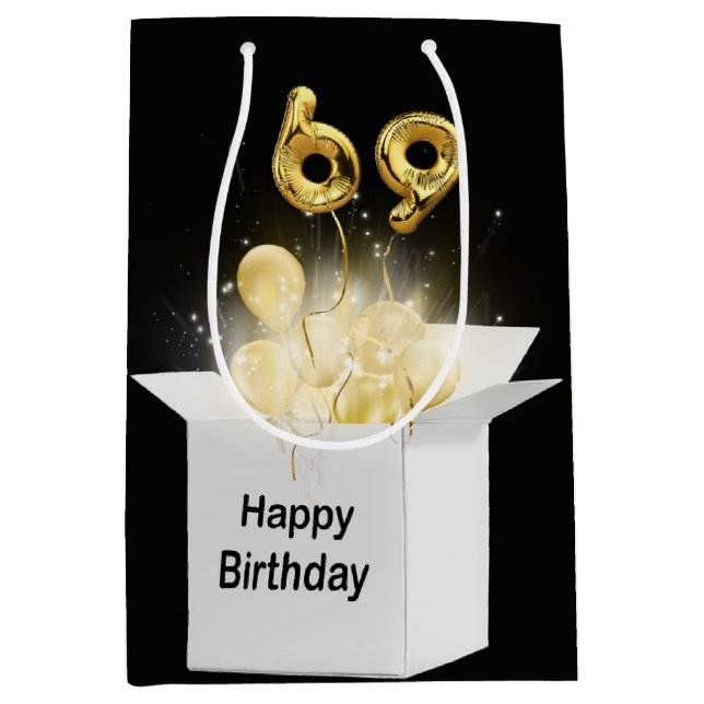 69th Gold Birthday Balloons in White Box Medium Gift Bag (Front)