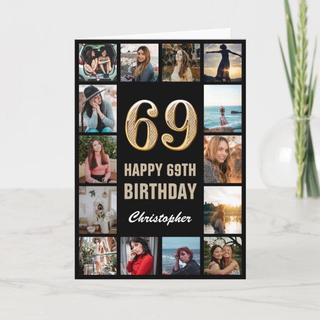 69th Happy Birthday Black and Gold Photo Collage Card (Front)