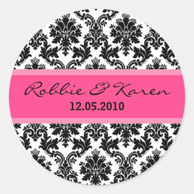 6 - 3" Black Damask & Hot Pink Favor Stickers (Front)