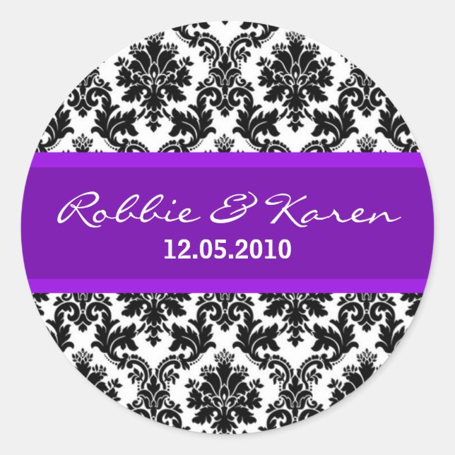 6 - 3" Black Damask & Purple Favor Stickers (Front)