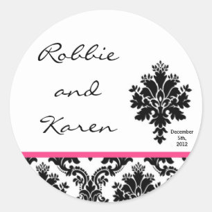 6 - 3" Favor Stickers Black Hot Pink Damask Lace