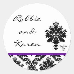 6 - 3" Favor Stickers Black Purple Damask Lace