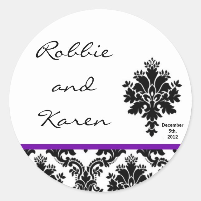 6 - 3" Favor Stickers Black Purple Damask Lace (Front)