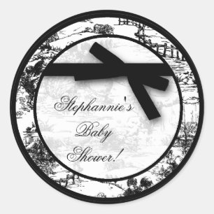 6 - 3" Favor Stickers Black White Toile Fabric