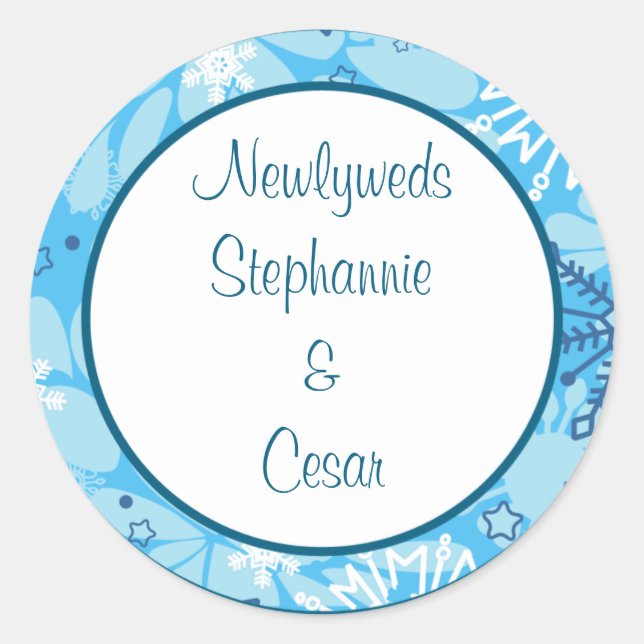6 - 3" Favor Stickers Blue Tree / Snowflakes (Front)