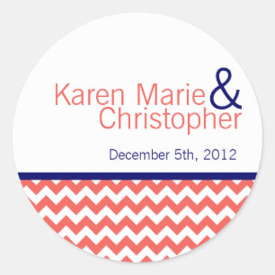 6 - 3" Favor Stickers Coral Navy Blue Chevron Name
