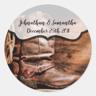 6 - 3" Favor Stickers Cowboy Boots Barn Wood Rust