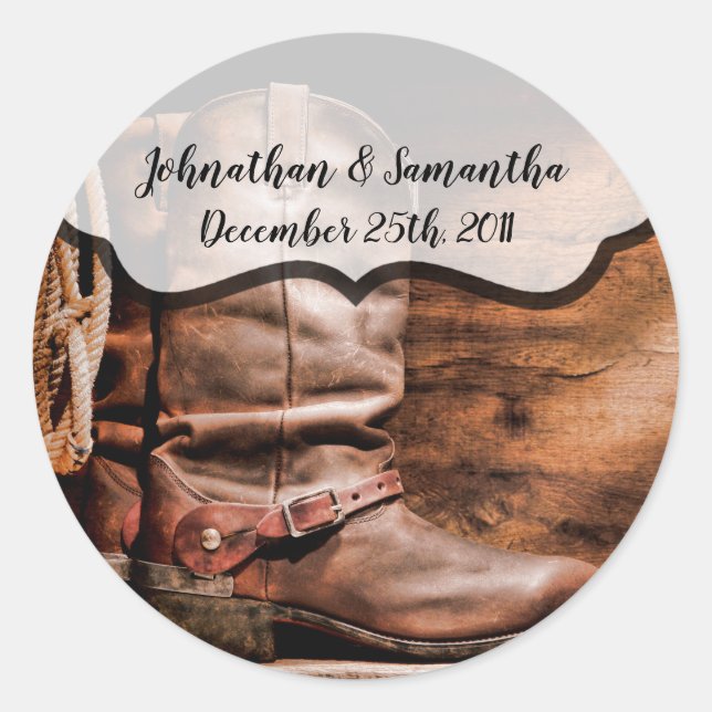 6 - 3"  Favor Stickers Cowboy Boots Barn Wood Rust (Front)