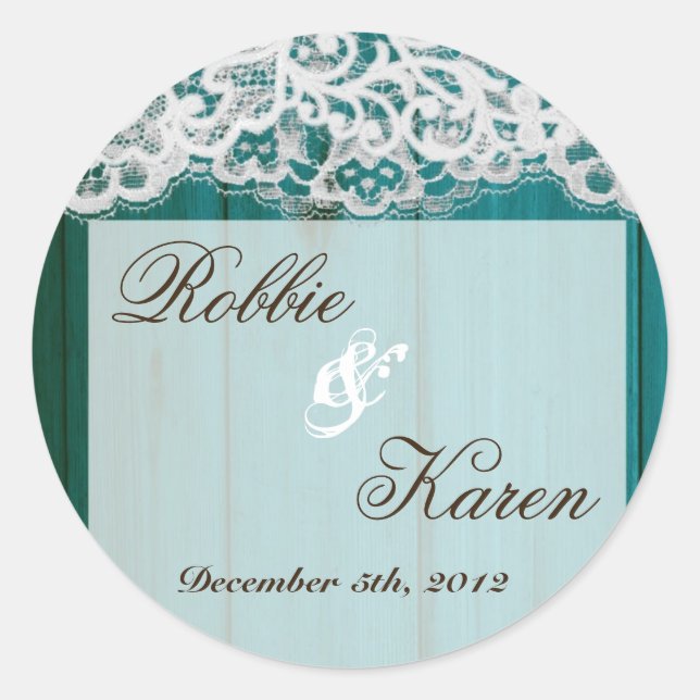 6 - 3" Favor Stickers Distrissed Teal Wood Lace (Front)