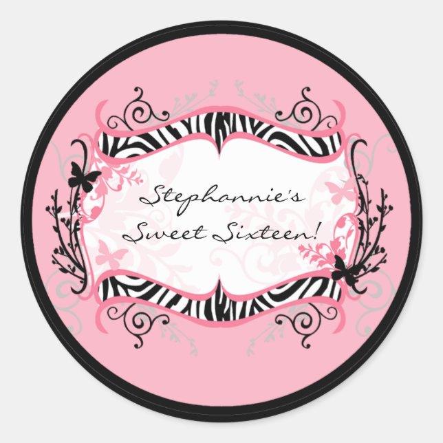6 - 3"  Favor Stickers Girly Butterfly Zebra Print (Front)