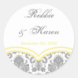6 - 3" Favor Stickers Gray Yellow Grey Damask Lace