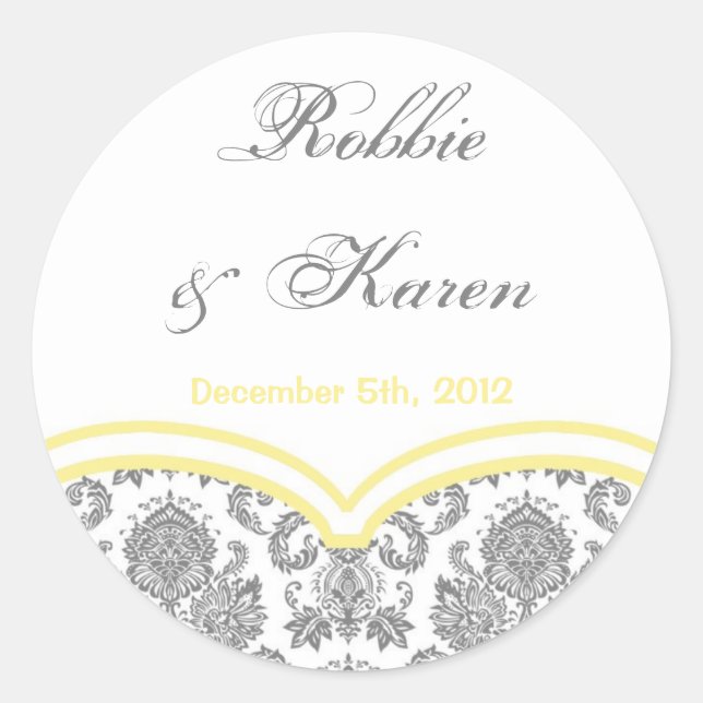 6 - 3" Favor Stickers Gray Yellow Grey Damask Lace (Front)