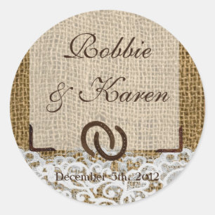 6 - 3" Favor Stickers Horse Shoes on Burlap Lace