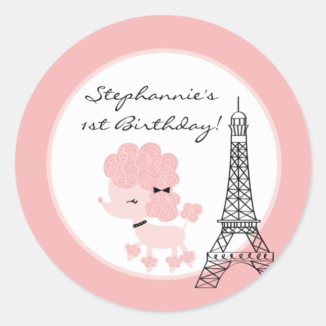 6 - 3"  Favor Stickers Pink Poodle in Paris (Front)