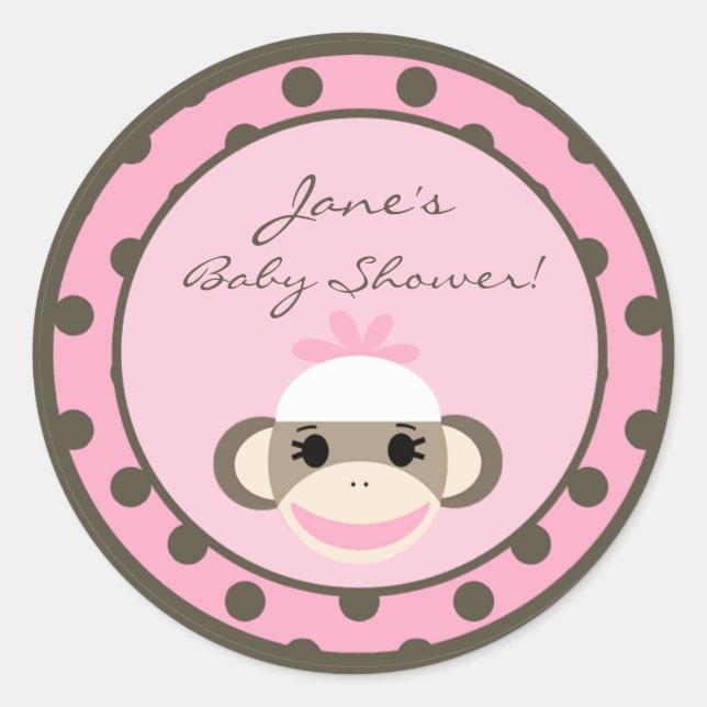 6 - 3"  Favor Stickers Pink Sock Monkey (Front)