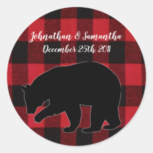 6 - 3" Favor Stickers Red Buffalo Plaid Bear Blac