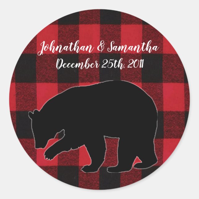 6 - 3"  Favor Stickers Red Buffalo Plaid Bear Blac (Front)