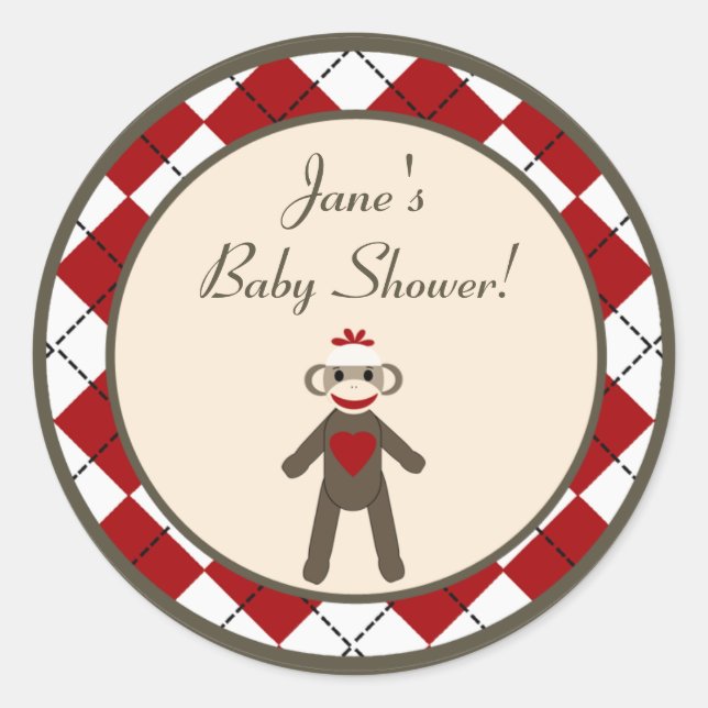 6 - 3"  Favor Stickers Red Sock Monkey Argyle (Front)
