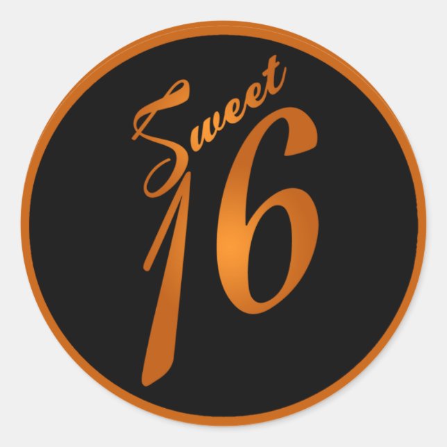 6 - 3"  Favor Stickers Sweet 16 Orange Black (Front)
