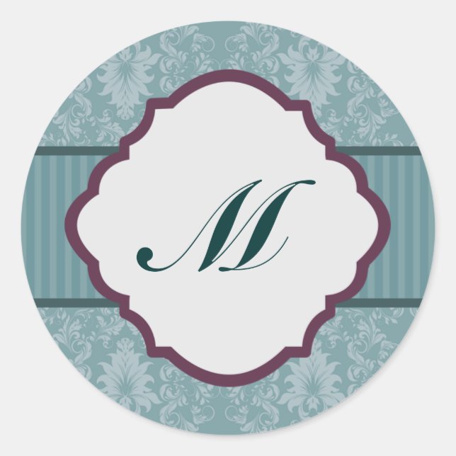 6 - 3" Favor Stickers Teal Blue Damask/Stripes Red (Front)