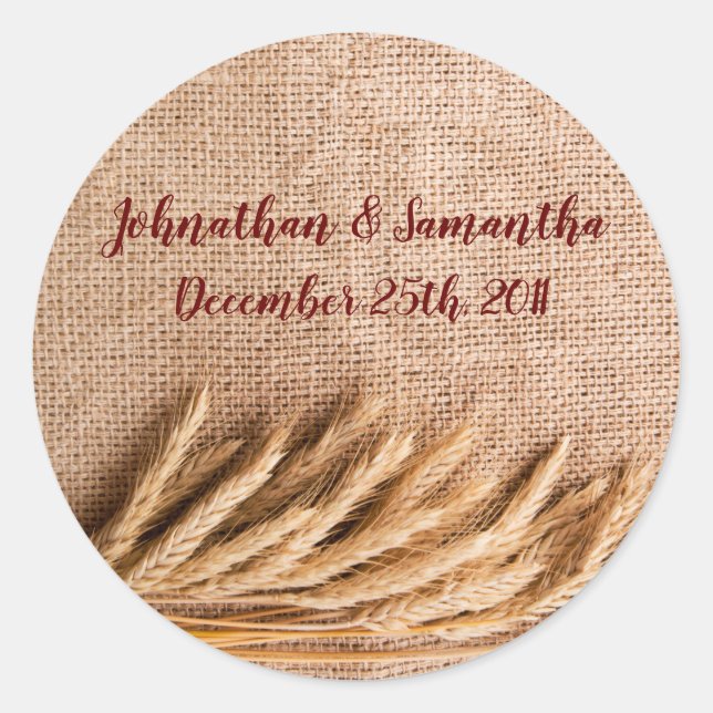 6 - 3"  Favor Stickers Wheat on Burlap Sack Countr (Front)