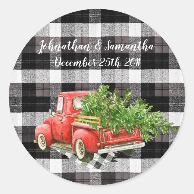 6 - 3"  Favor Stickers XMAS Truck Baffalo Plaid Bl (Front)
