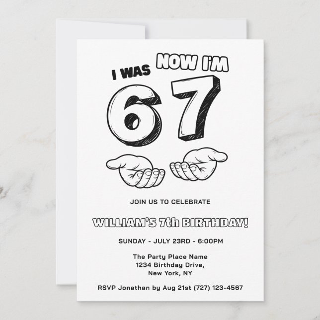 6 7 Funny Meme black & white kid birthday Invitation (Front)