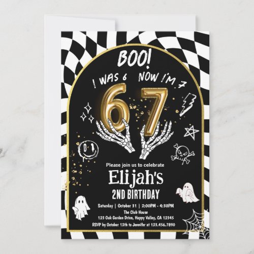 6 7 Halloween 7th Birthday Black Gold White Invitation