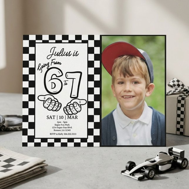 6 7 Meme Birthday Black Checkerboard Photo Invitation (Creator Uploaded)