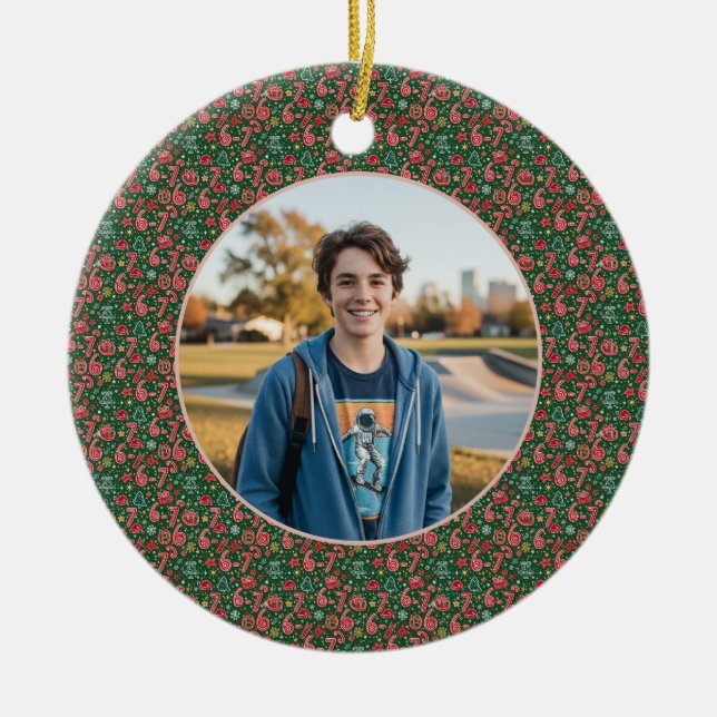 6-7 Meme One Photo Christmas Doodles Ceramic Ornament (Front)